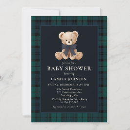 Convite Teddy Bear Navy Plaid Baby Shower Invitation