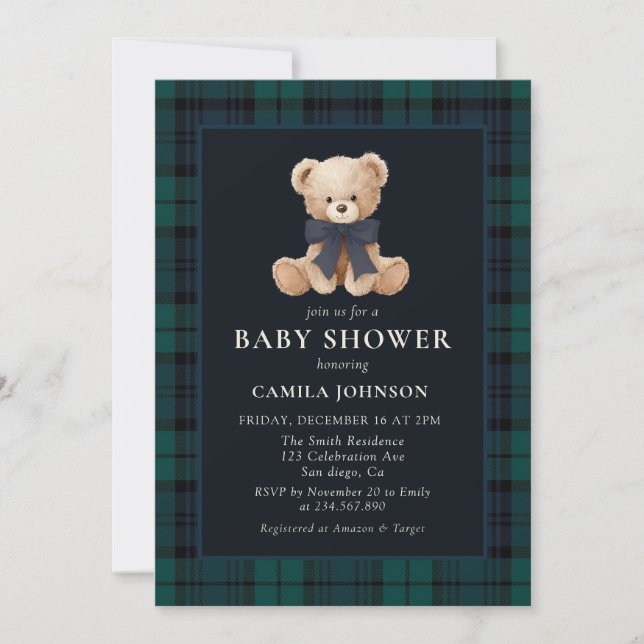 Convite Teddy Bear Navy Plaid Baby Shower Invitation (Frente)