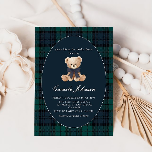 Convite Teddy Bear Navy Plaid Baby Shower Invitation (Criador carregado)