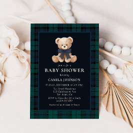 Convite Teddy Bear Navy Plaid Baby Shower Invitation