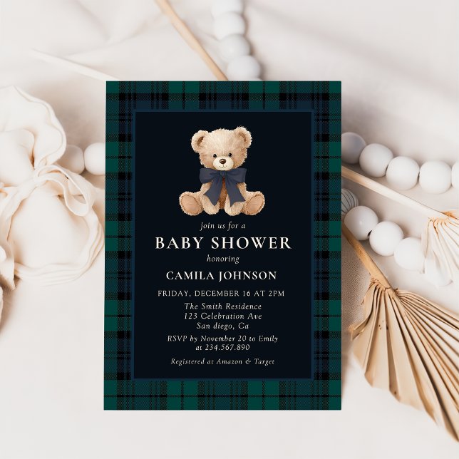 Convite Teddy Bear Navy Plaid Baby Shower Invitation (Criador carregado)