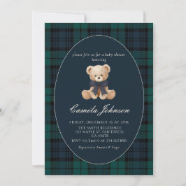 Convite Teddy Bear Navy Plaid Baby Shower Invitation