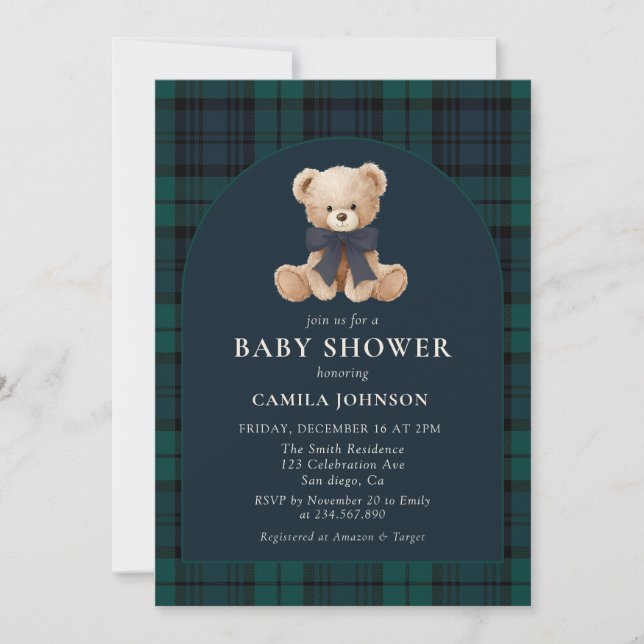 Convite Teddy Bear Navy Plaid Baby Shower Invitation (Frente)
