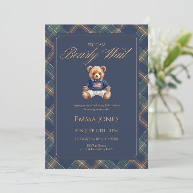 Convite Teddy Bear Navy Tartan Plaid Classic Baby Shower (Em pé/Frente)