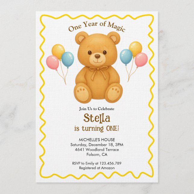 Convite Teddy Bear One Year of Magic First Birthday  (Frente)