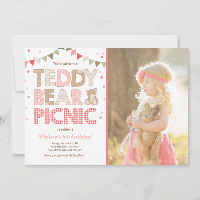 Convite Teddy Bear Picnic Girl Invise Pink (Frente)