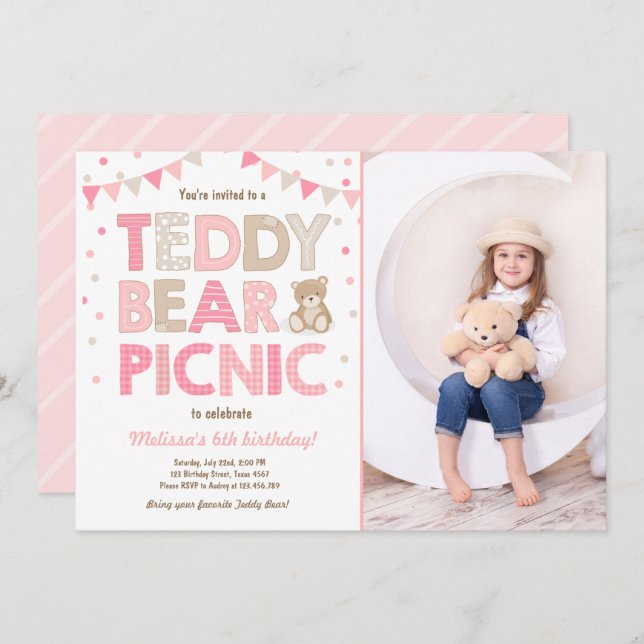 Convite Teddy Bear Picnic Girl Invise Pink (Frente/Verso)