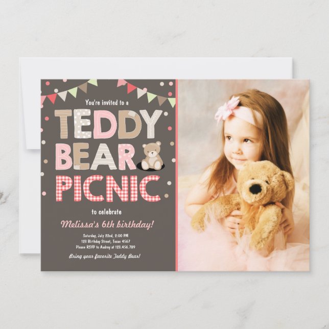 Convite Teddy Bear Picnic Girl Invise Pink (Frente)