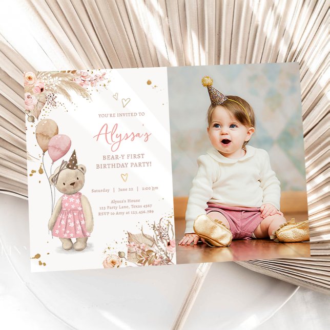 Convite Teddy Bear Picnic Pink Girl First Birthday Party I (Criador carregado)