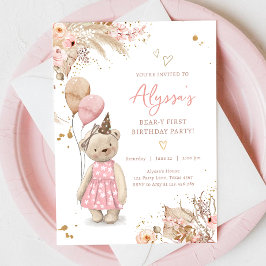 Convite Teddy Bear Picnic Pink Girl First Festa de anivers