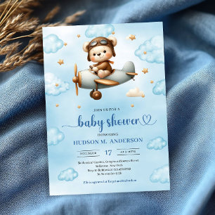 Convite Teddy Bear Piloto Banho de Bebê Menino Clássico Az