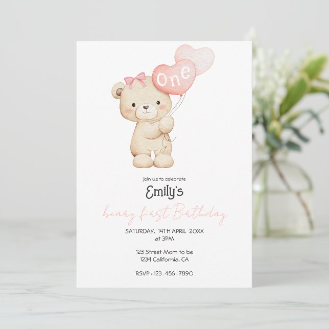 Convite Teddy Bear pink 1st Birthday Party for Baby Girl (Em pé/Frente)