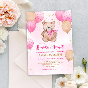 Convite Teddy Bear Pink Balloon Bearly Wait Baby Shower