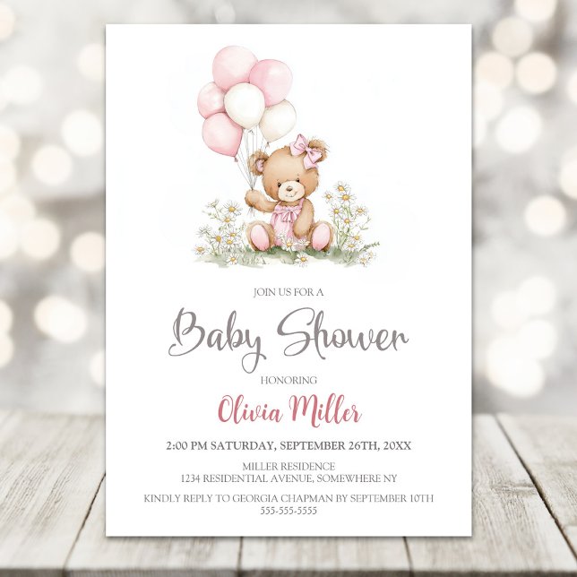 Convite Teddy Bear Pink Balloons Baby Shower Invitation (Criador carregado)