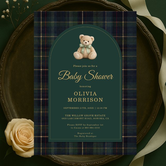 Convite Teddy Bear Plaid Green Blue Tartan Baby Shower (Criador carregado)