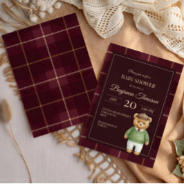 Convite Teddy Bear Polo Clássico Xadrez Préppy Chá de Bebê