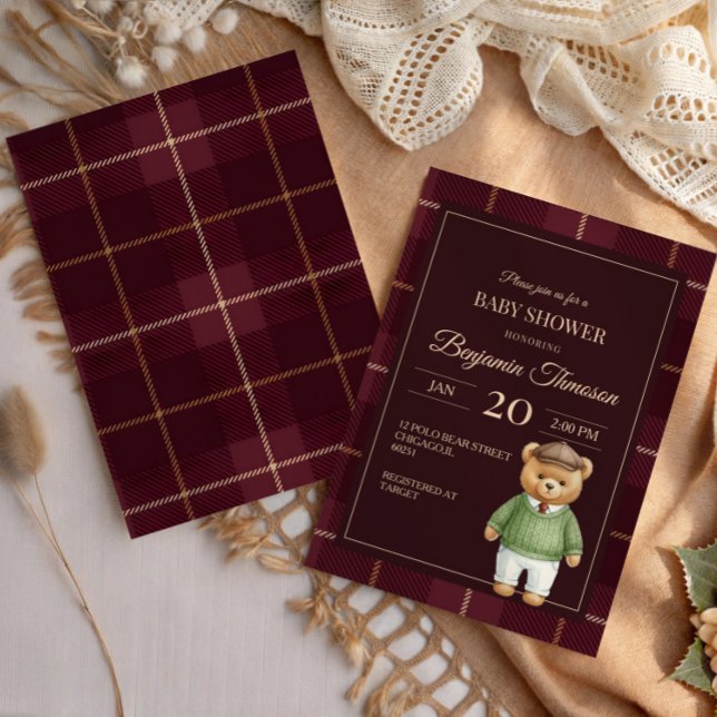 Convite Teddy Bear Polo Clássico Xadrez Préppy Chá de Bebê (Criador carregado)