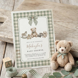 Convite Teddy Bear Sage Green Gingham Bow Baby Shower