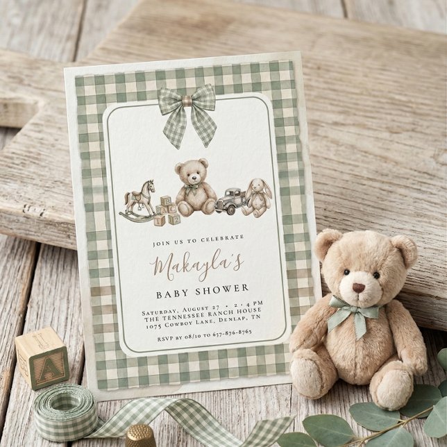 Convite Teddy Bear Sage Green Gingham Bow Baby Shower (Criador carregado)