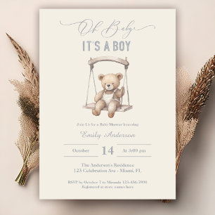 Convite Teddy Bear Script Boho Chá de fraldas Boy