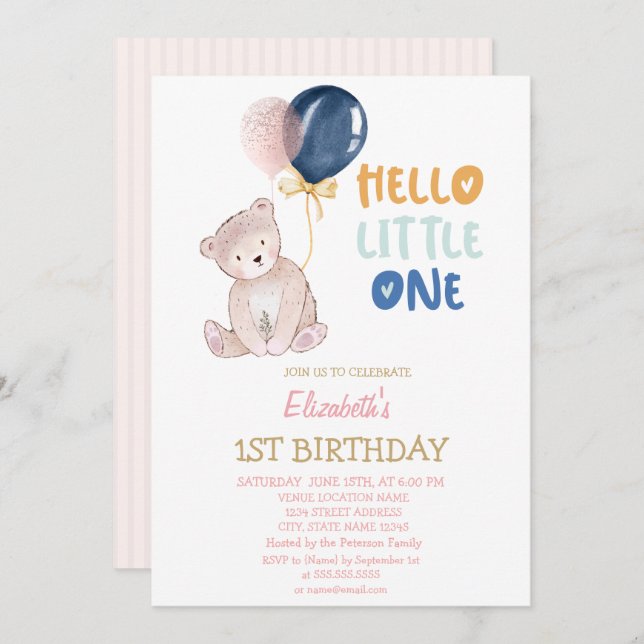 Convite Teddy Bear Strike Hello Little One Birthday (Frente/Verso)