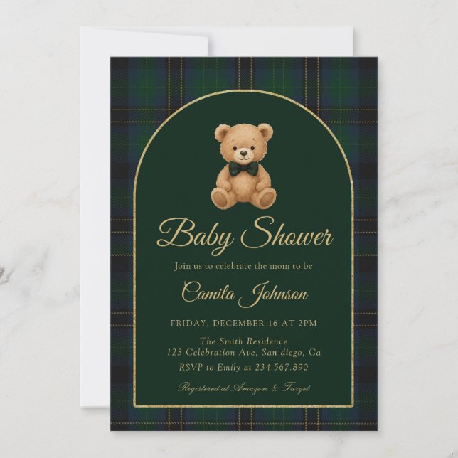 Convite Teddy Bear Tartan Preppy Baby Shower Invitation (Frente)