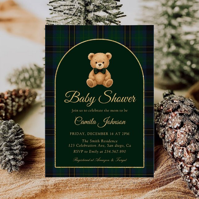 Convite Teddy Bear Tartan Preppy Baby Shower Invitation (Criador carregado)