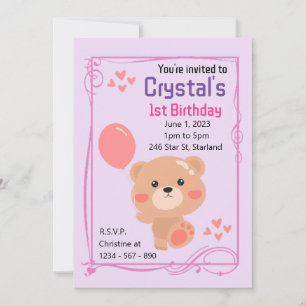 Convite Teddy Bear Theme Girl's primeiro aniversario Party