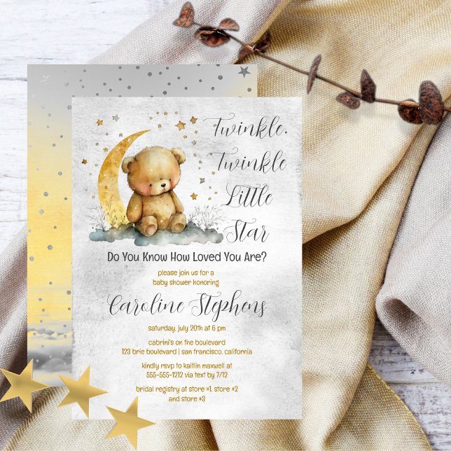 Convite Teddy Bear Twinkle Twinkle Little Star Chá de fral (Create an enchanting baby shower with our Teddy Bear Twinkle Twinkle Little Star collection.  )