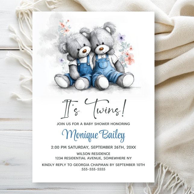 Convite Teddy Bear Twins Baby Shower (Criador carregado)