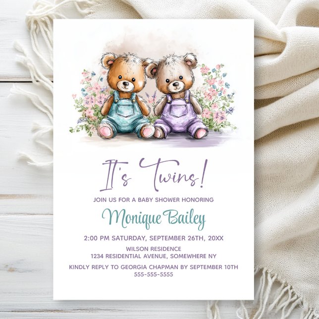Convite Teddy Bear Twins Baby Shower (Criador carregado)
