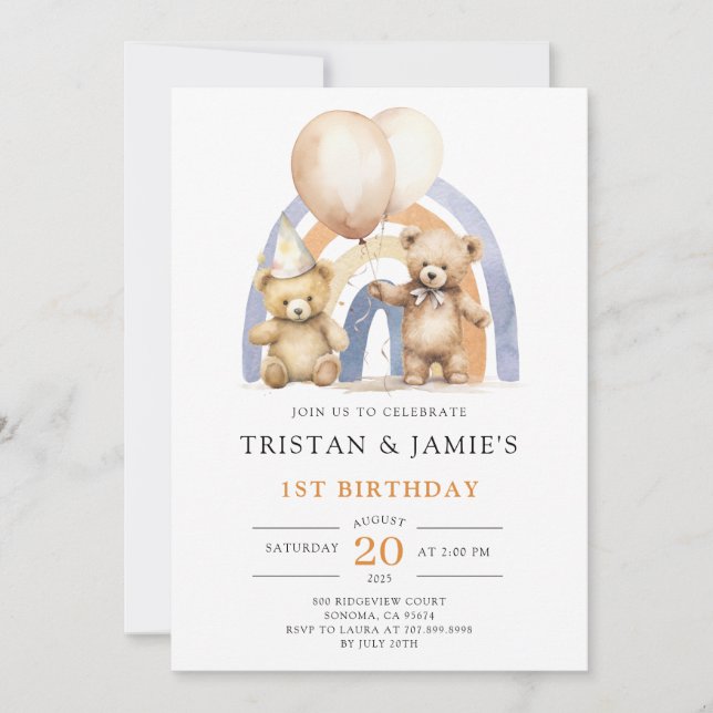 Convite Teddy Bear Twins primeiro aniversario Watercolor (Frente)