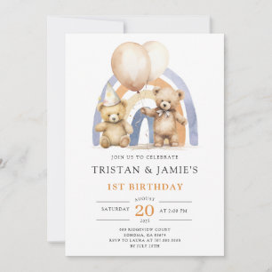 Convite Teddy Bear Twins primeiro aniversario Watercolor