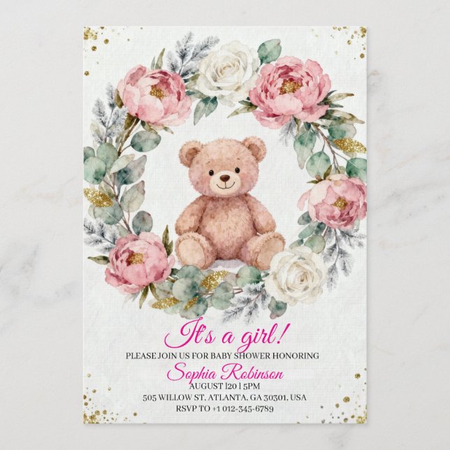 Convite Teddy Bear Watercolor  Baby Shower Invitation (Frente)