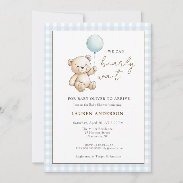 Convite Teddy Bear We can Bearly wait Boy Baby shower (Frente)