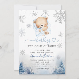 Convite Teddy Bear Winter snowflakes Blue Boy Baby shower