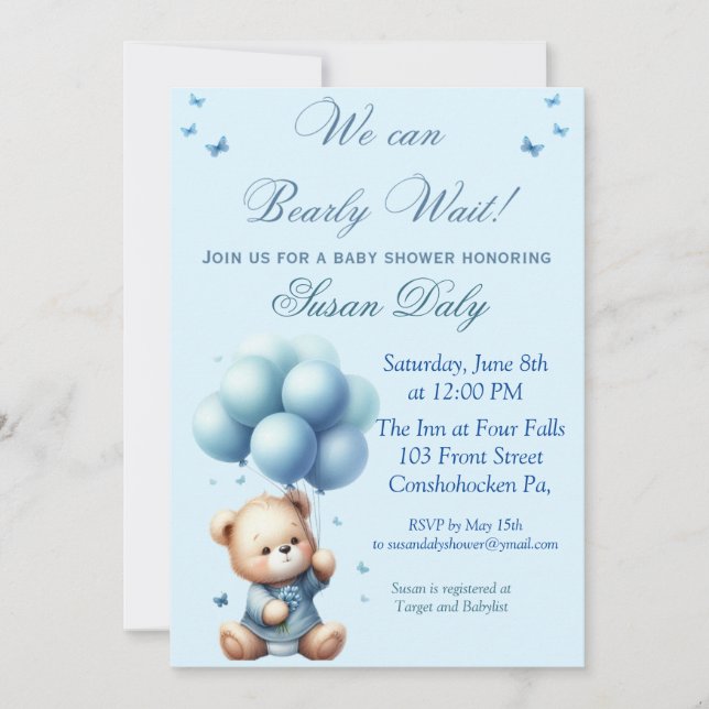 Convite Teddy Bear with balloons baby shower invitation (Frente)
