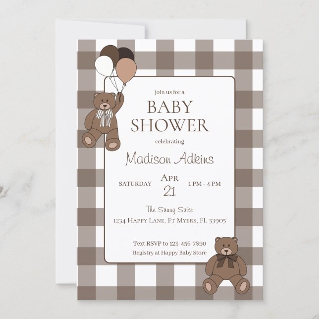 Convite Teddy Bears Baby Boy Brown Baby Shower (Frente)