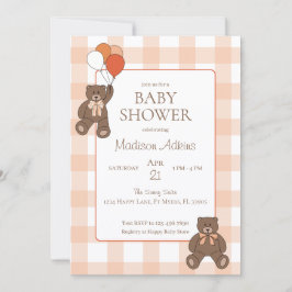 Convite Teddy Bears Baby Shower Balloons Bows Orange Plaid