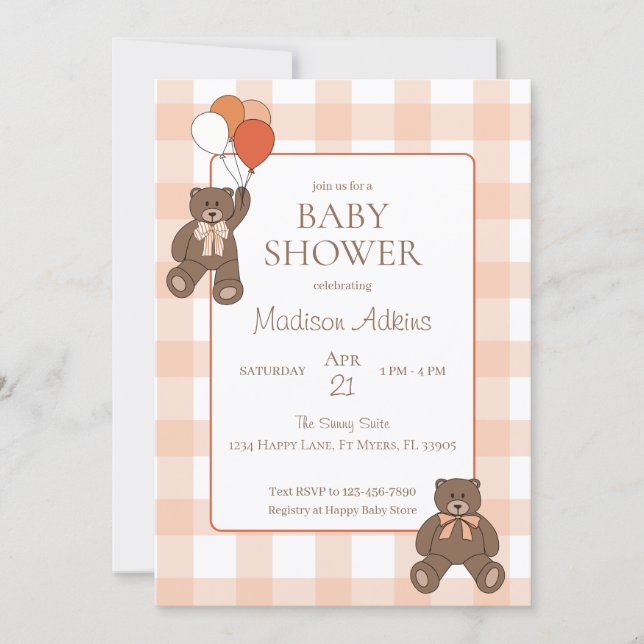 Convite Teddy Bears Baby Shower Balloons Bows Orange Plaid (Frente)