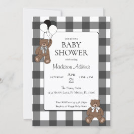 Convite Teddy Bears Black Buffalo Check Baby Shower