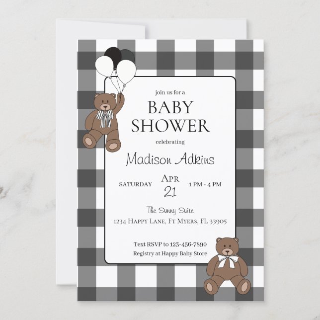 Convite Teddy Bears Black Buffalo Check Baby Shower (Frente)