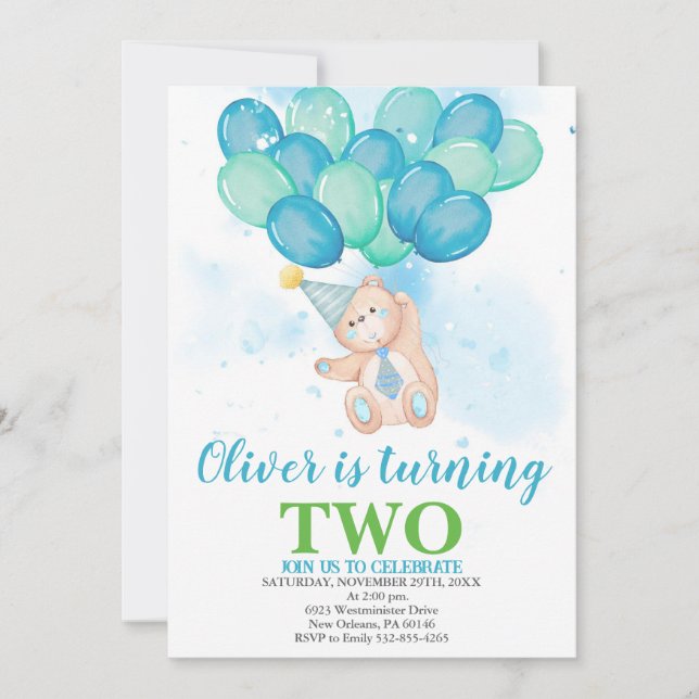 Convite Teddy Bears convida, Watercolor Balloons Aniversár (Frente)