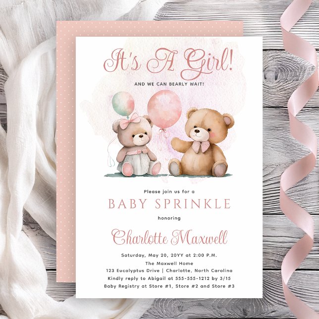 Convite Teddy Bears É uma garota esperançosa bebê borrifad (Teddy Bears It's A Girl Bearly Wait Baby Sprinkle Shower Invitation -- Print | Digital Download)