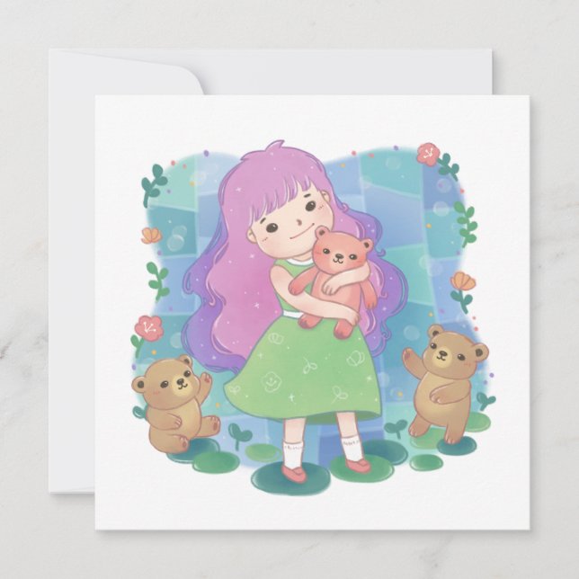 Convite Teddy Bears & Girl Illustration (Frente)