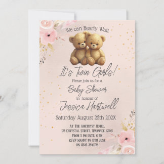 Convite Teddy Bears Twin Girls Baby Shower Invitation