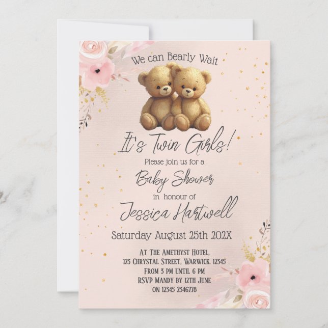 Convite Teddy Bears Twin Girls Baby Shower Invitation (Frente)