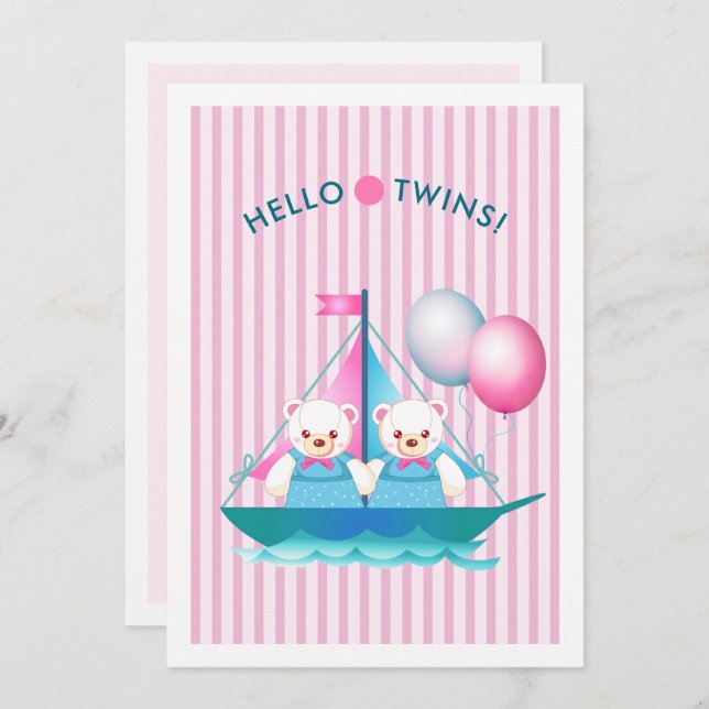 Convite Teddy Bears Twin Girls Chá de fraldas (Frente/Verso)