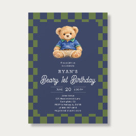 Convite Teddy Beary 1st Birthday Checkboard Blue Green
