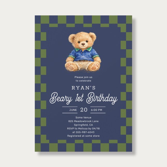 Convite Teddy Beary 1st Birthday Checkboard Blue Green (Criador carregado)